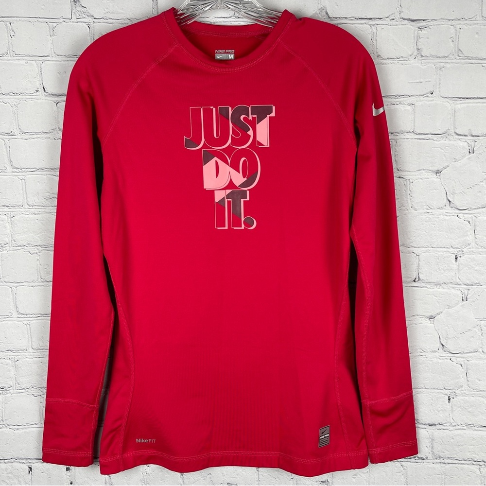 NIKE Pro red long sleeve thermal fleece lined crew neck logo top, size M - Picture 2 of 16